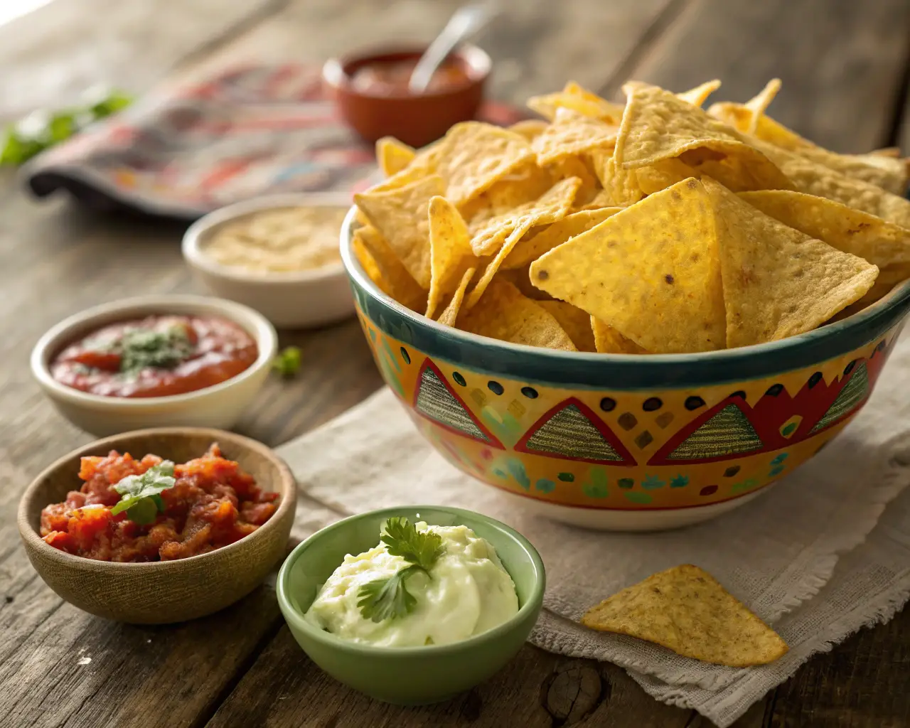 A bowl of golden, crispy corn tortilla chips with dipping sauces, highlighting gluten-free snacking options.