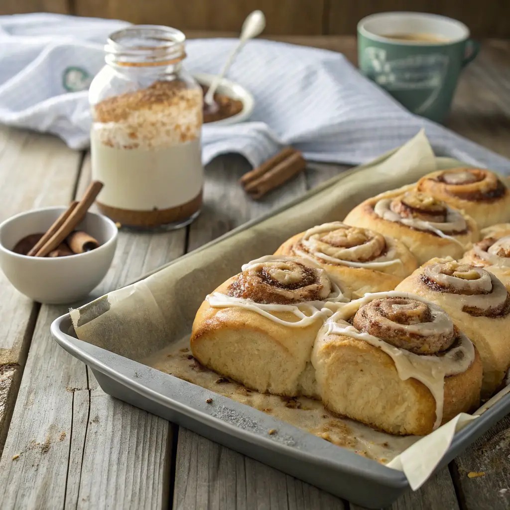 Freshly baked crescent roll cinnamon rolls on a parchment-lined baking sheet, drizzled with cream cheese glaze, with a jar of cinnamon and a bowl of glaze in the background.