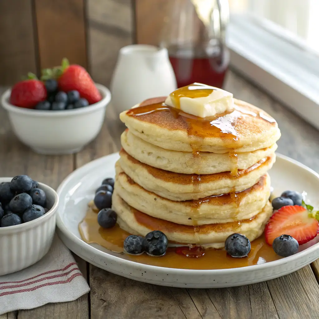 A stack of golden, fluffy pancakes on a white ceramic plate topped with melted butter and drizzled maple syrup, surrounded by fresh blueberries and sliced strawberries on a rustic wooden table with soft morning light.