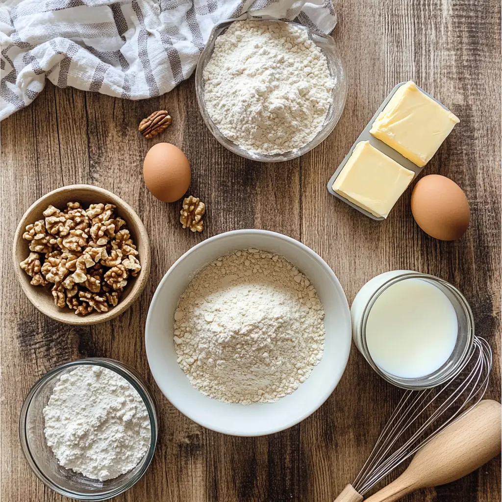 Fresh ingredients for a basic walnut muffin recipe, including flour, walnuts, eggs, butter, milk, and baking powder, arranged on a rustic wooden surface with a whisk and wooden spoon.