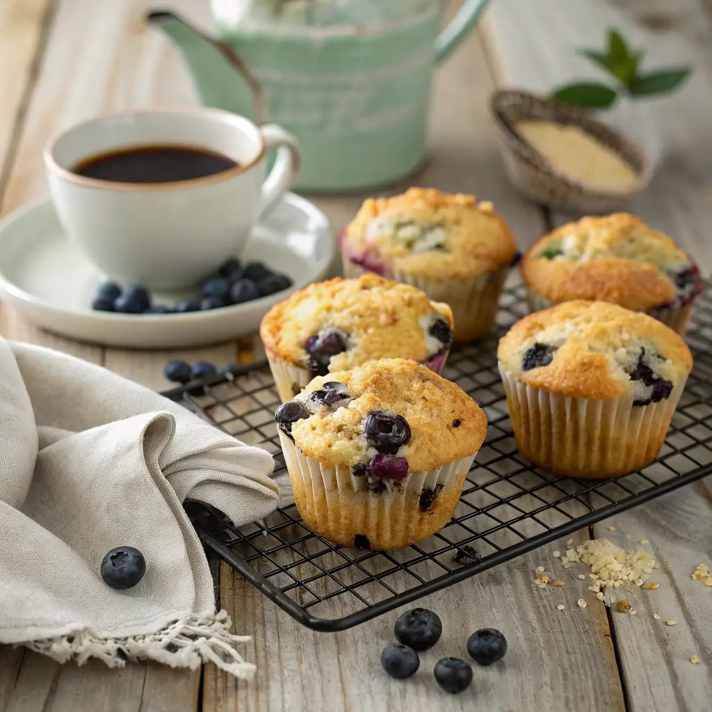 Freshly baked cottage cheese blueberry muffins cooling on a wire rack, with blueberries bursting from the golden brown tops. A rustic kitchen setting with soft natural lighting.