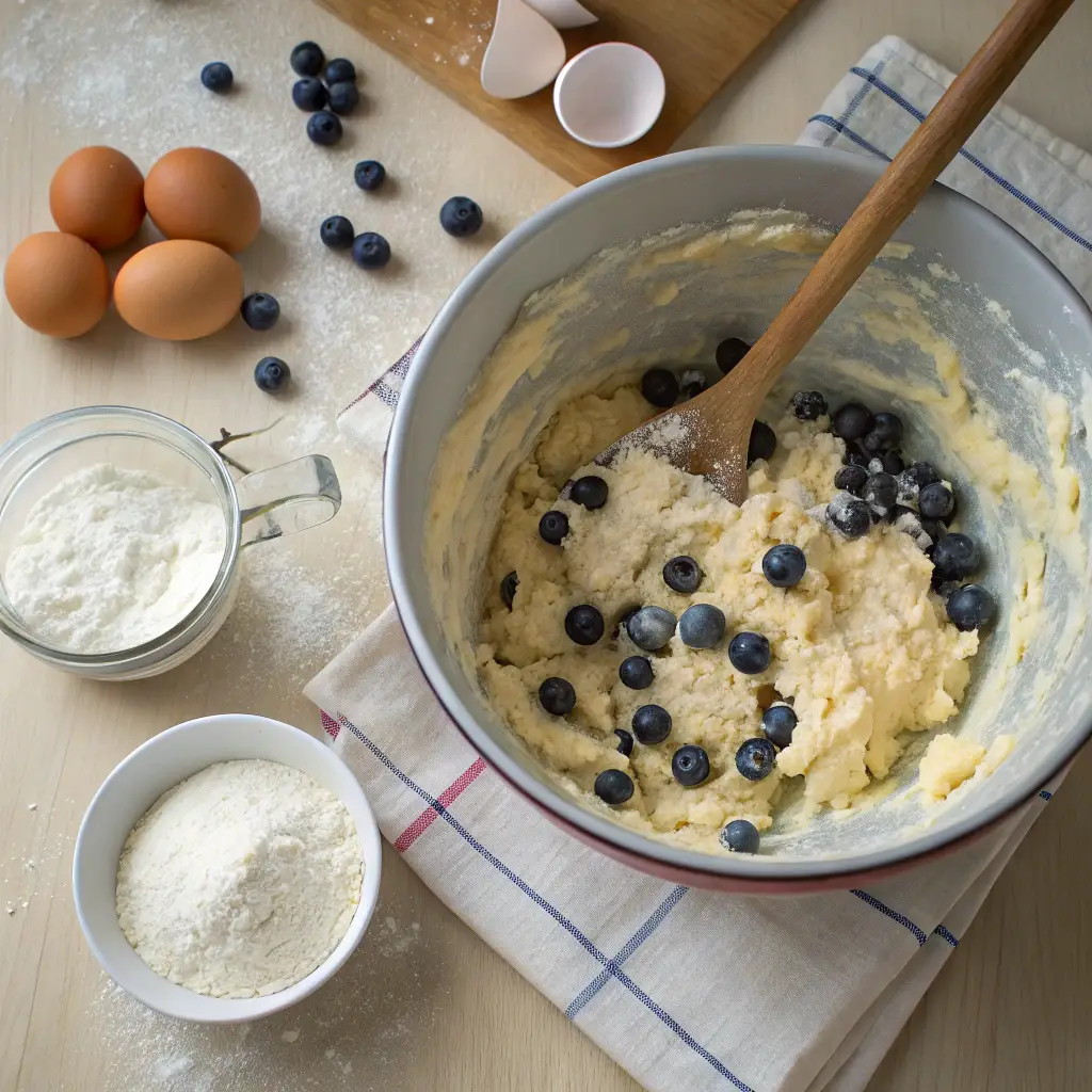 A mixing bowl filled with batter, showing cottage cheese blueberry being mixed, surrounded by baking ingredients like eggs, flour, and a wooden spoon on a cozy kitchen counter.