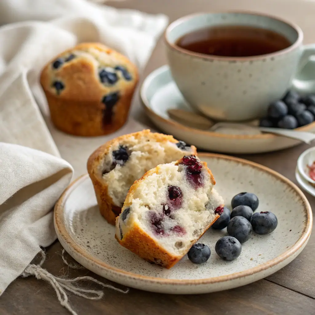 A plated cottage cheese blueberry muffin cut in half, revealing its moist and fluffy interior with juicy blueberries. A dish of cottage cheese and fresh blueberries sit beside it on a rustic ceramic plate, with a linen napkin and herbal tea in the background.