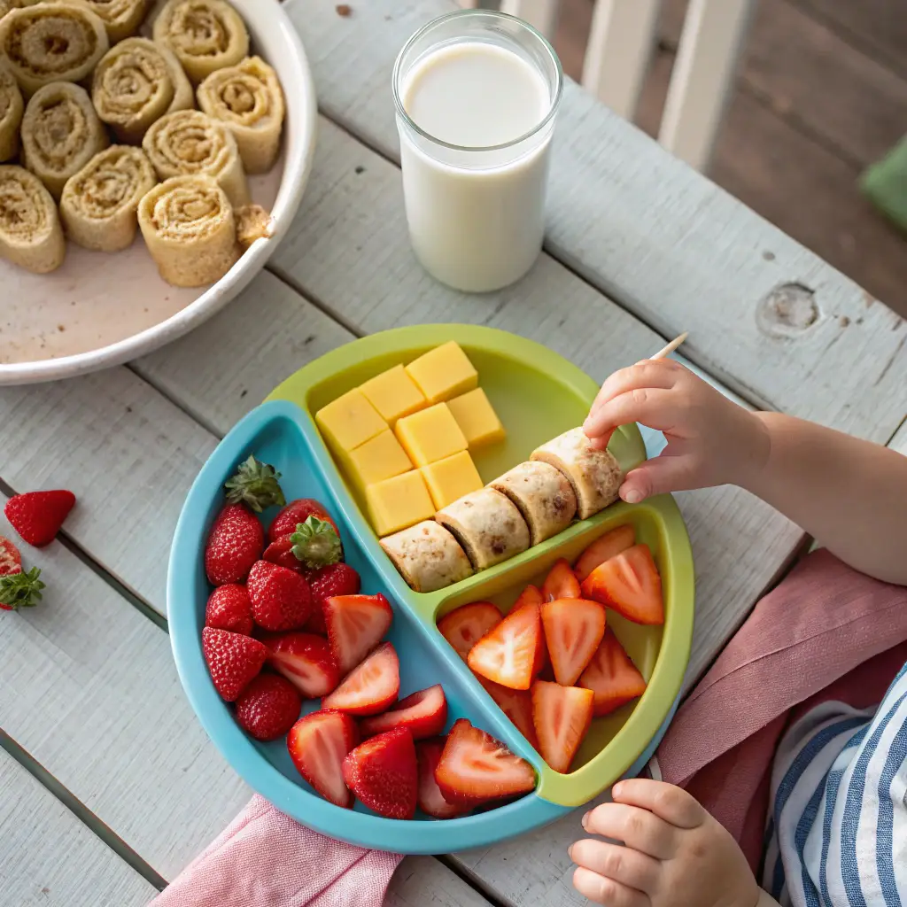 A toddler snack plate featuring peanut butter banana roll-ups, cheese cubes, and sliced strawberries, with a small hand reaching in. Rustic wooden table setting.