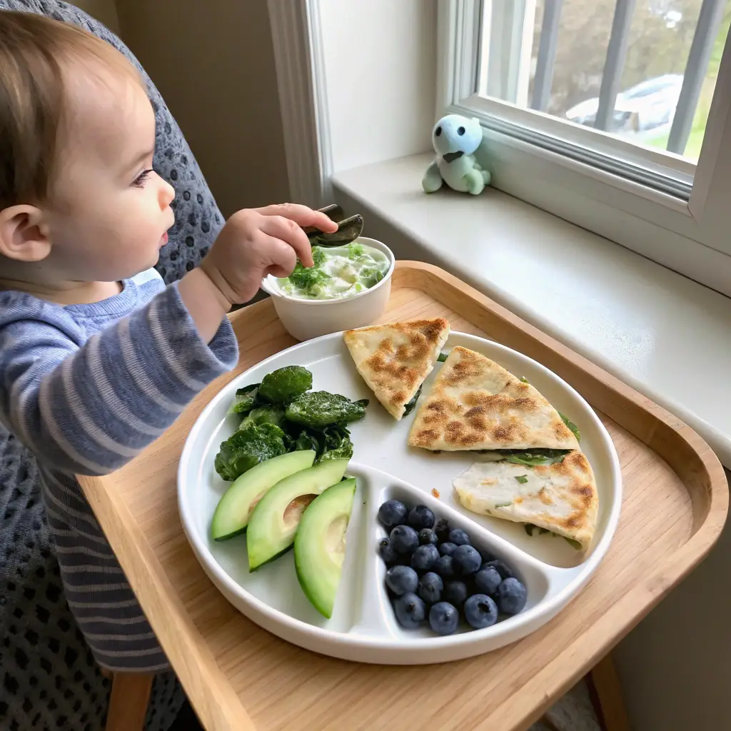 A Yummy toddler food lunch plate with cheese & spinach quesadillas, avocado slices, and blueberries, with a small hand reaching in. Wooden high-chair tray setting