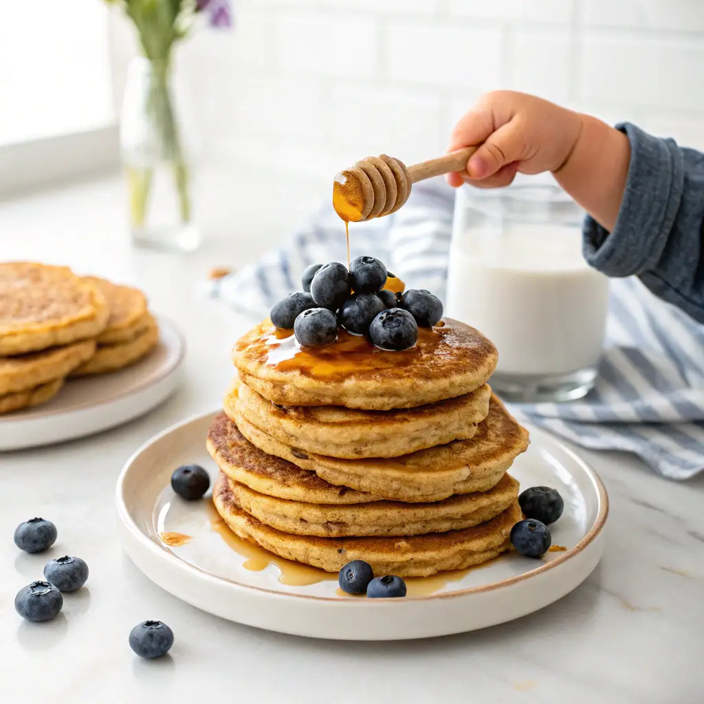 A plate of warm banana oat pancakes topped with blueberries and honey, with a toddler's hand reaching for a bite. Bright kitchen background.