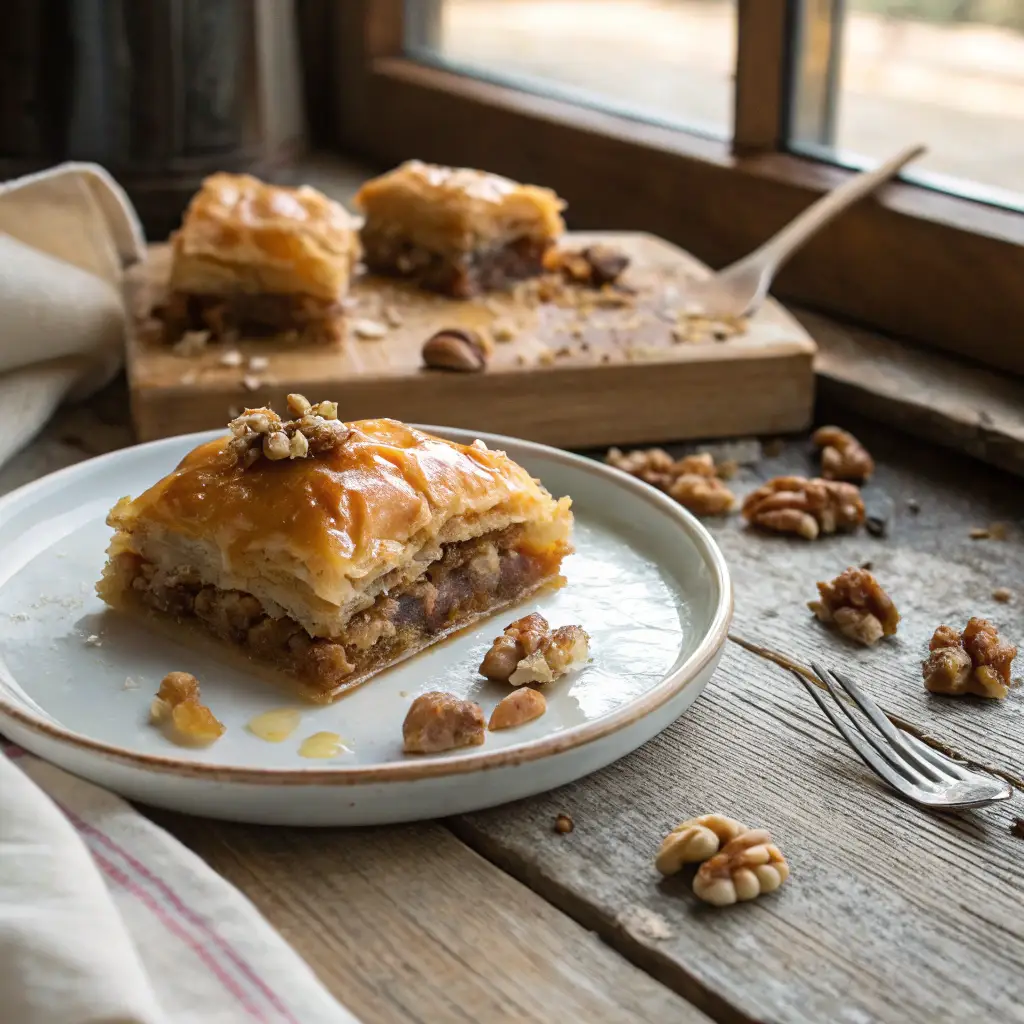 Close-up of freshly baked baklava, a classic Greek dessert made with phyllo, honey, and nuts, served on a rustic table.