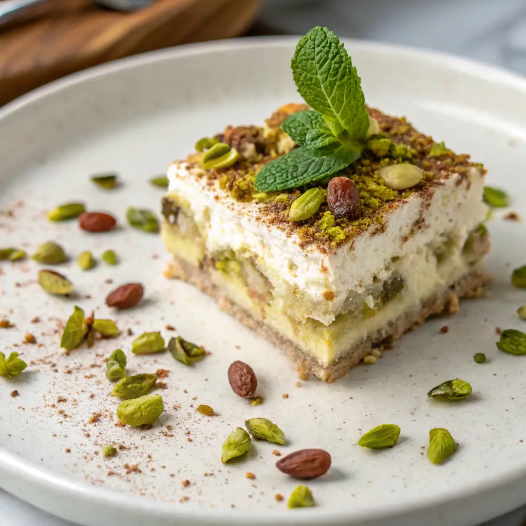 sliced pistachio tiramisu served for dessert