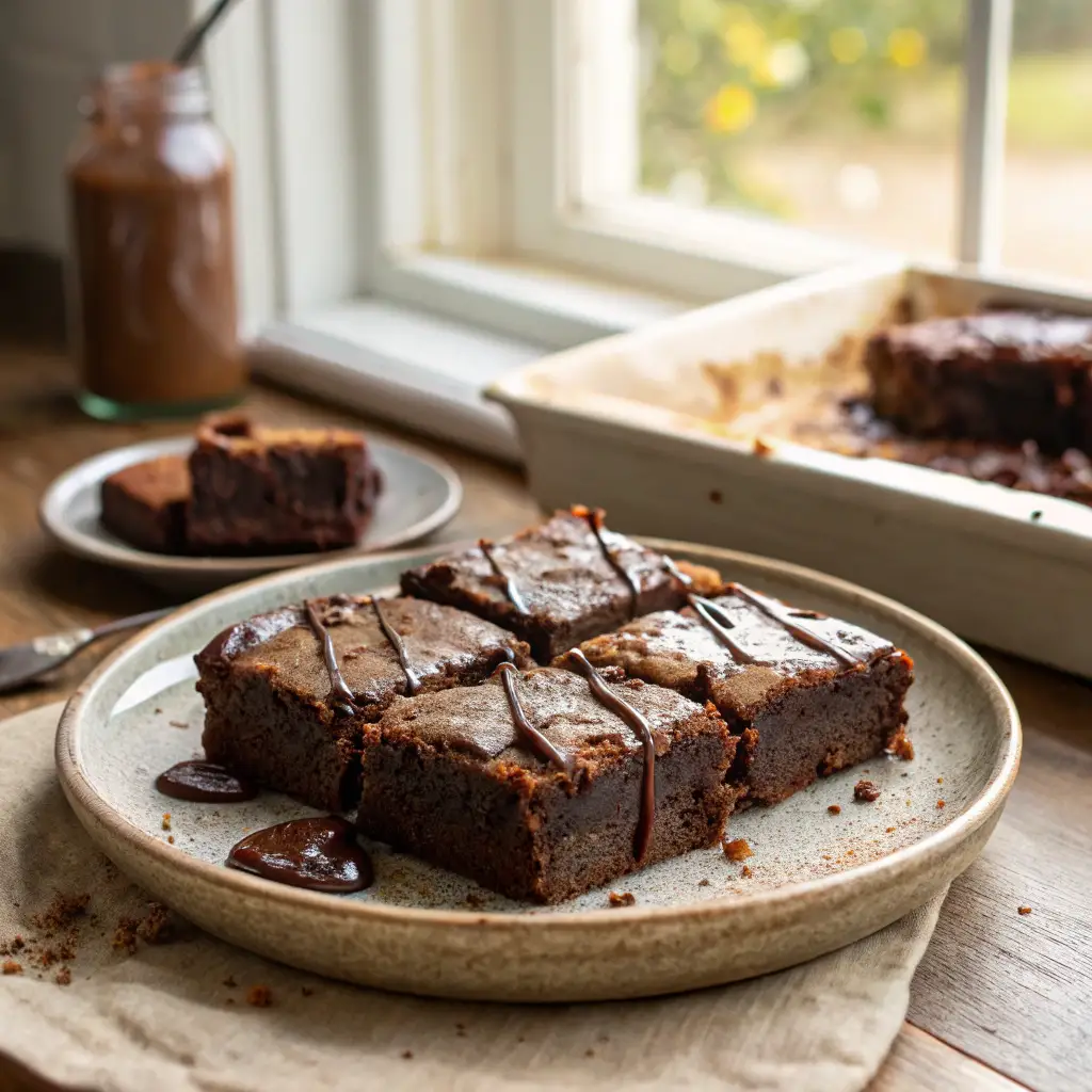 Freshly baked brownie cake slice with gooey ganache topping on a rustic plate